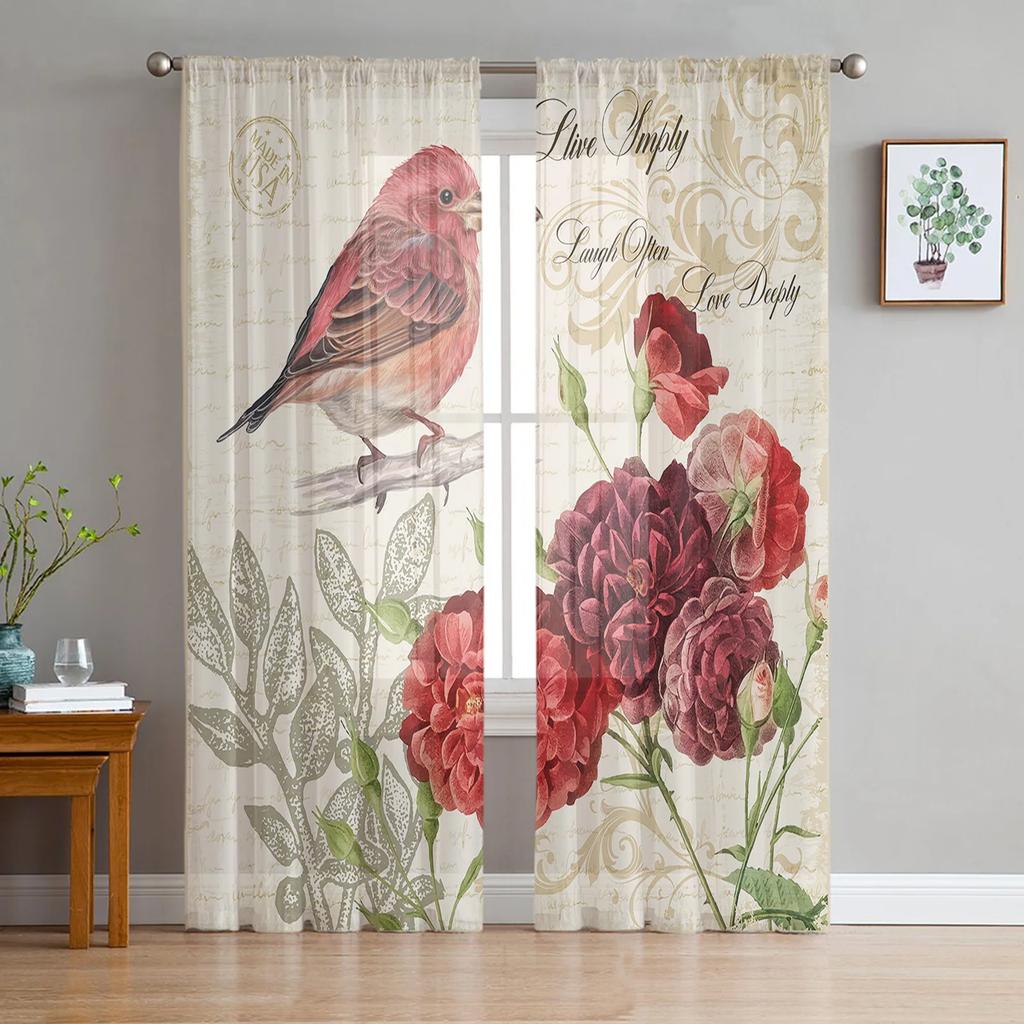 Parrot Bird Rose Flower Retro Sheer Curtains for Living Room Decoration Window Curtain Kitchen Tulle Voile Organza Drapes
