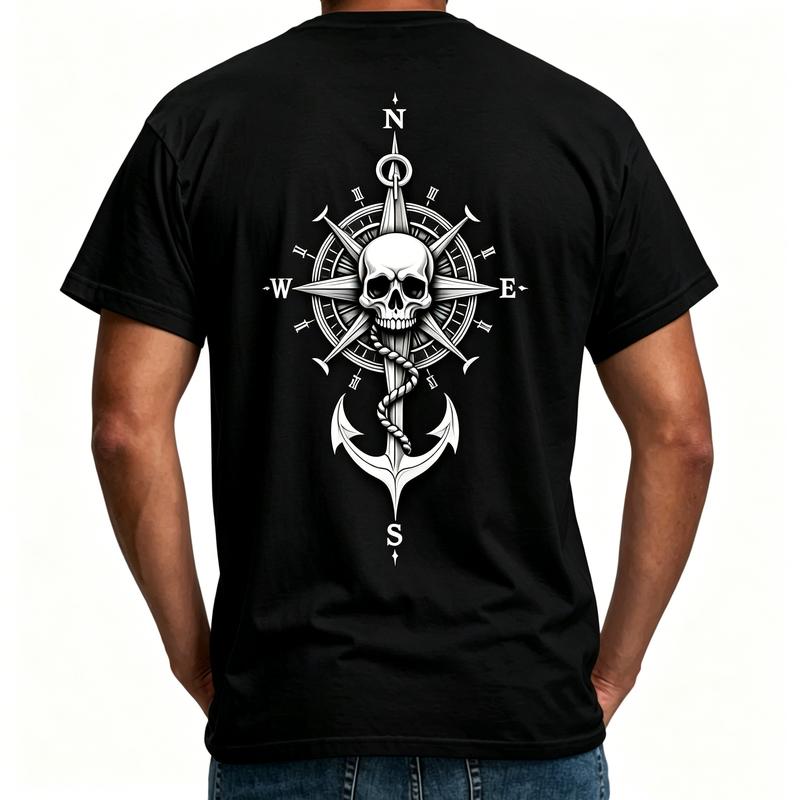 Nautical Skull Anchor Graphic Tee for Unisex Unisex Vintage Compass Print Tshirt 100 Cotton Short Sleeve Casual Summer Top