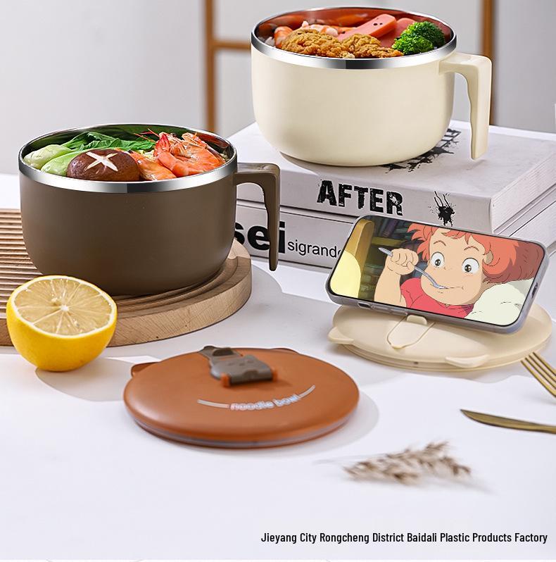 Large Capacity Japanese Style 304 Stainless Steel Insulated Noodle & Rice Bowl with Drain for Students & Office Workers