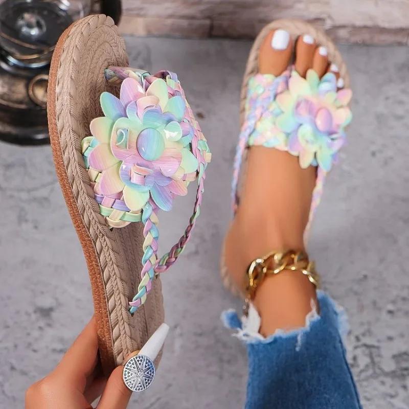 Fashion 2025 Summer Women Slippers Casual Shoes Flat Vacation Holiday Braided Floral Pattern Slippers Toe Post Beach Flip Flops Slides