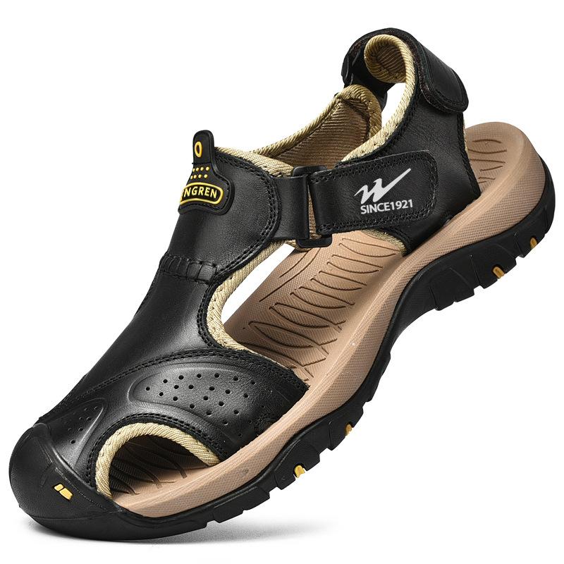 

Summer sandals men s outside wear driving wading beach shoes men s leather bag head casual cool slippers 39 чорний