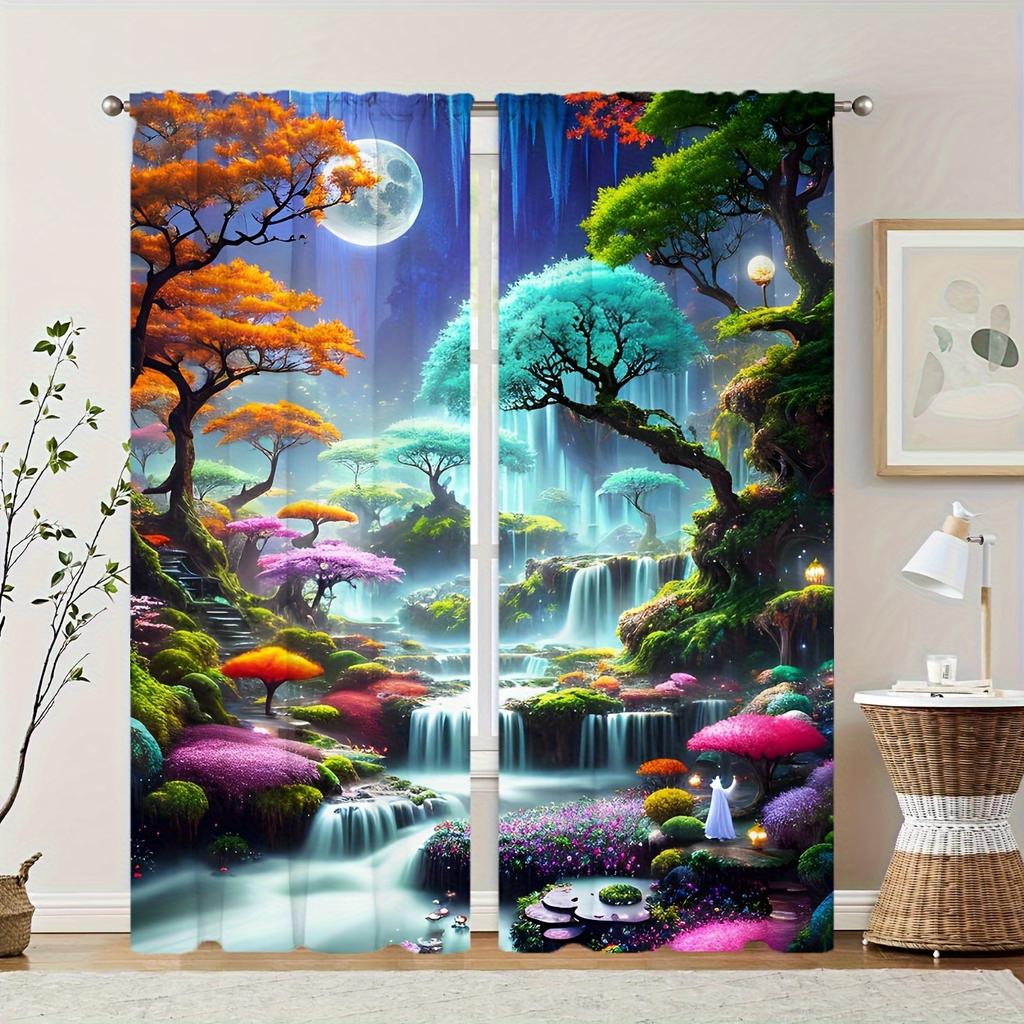 2pcs Semi-Blackout Curtain Japanese Landscape & Torii Gate Design Polyester Woven Contemporary Style Machine Washable Rod Pocket