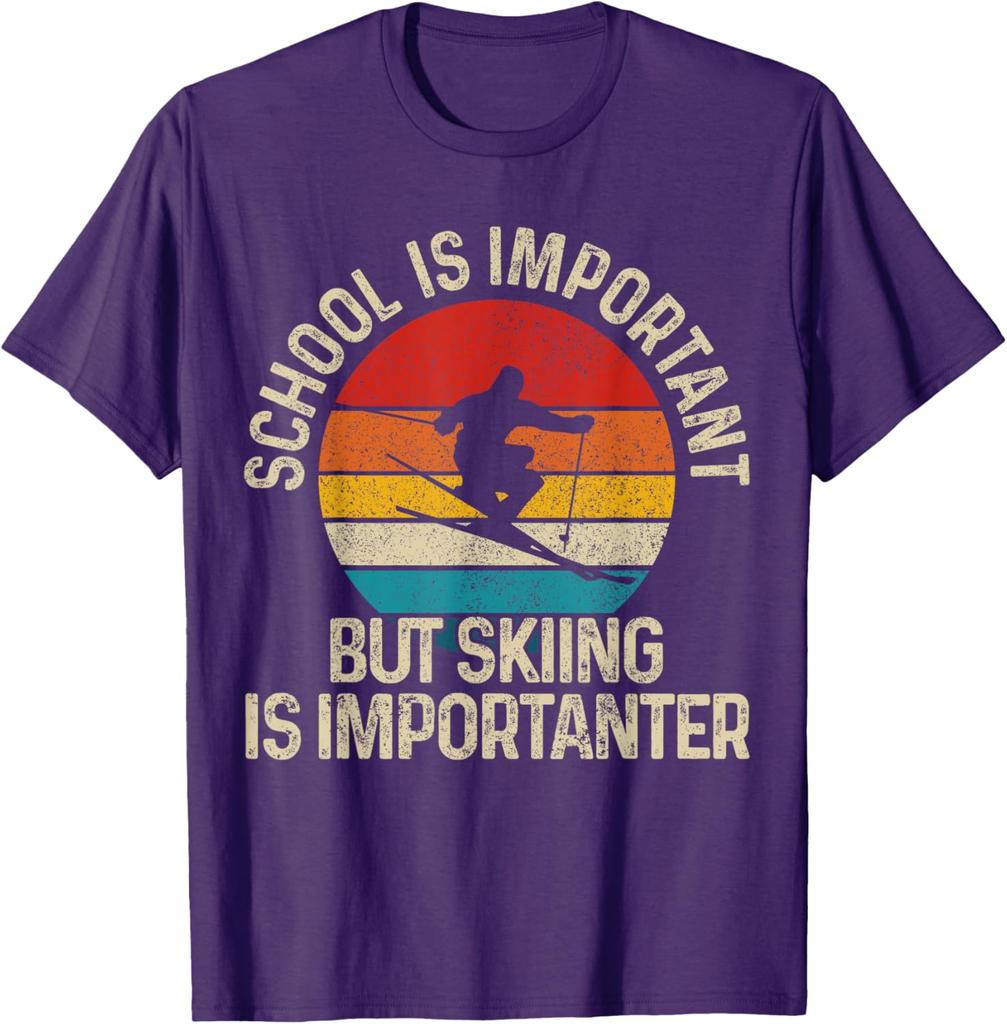 Skiing is Importanter Than School Funny Retro Sunset Graphic Tee Unisex Casual TShirt