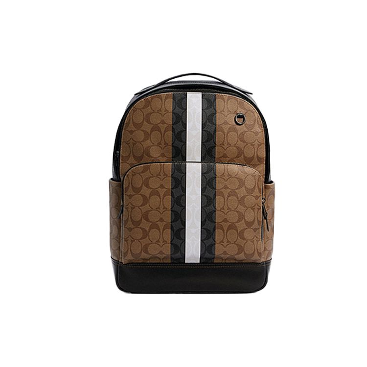 Coach Graham 29 Monogram Stripe Canvas And Leather Backpack Large Men backpack Khaki Black C3230-QBE7V
