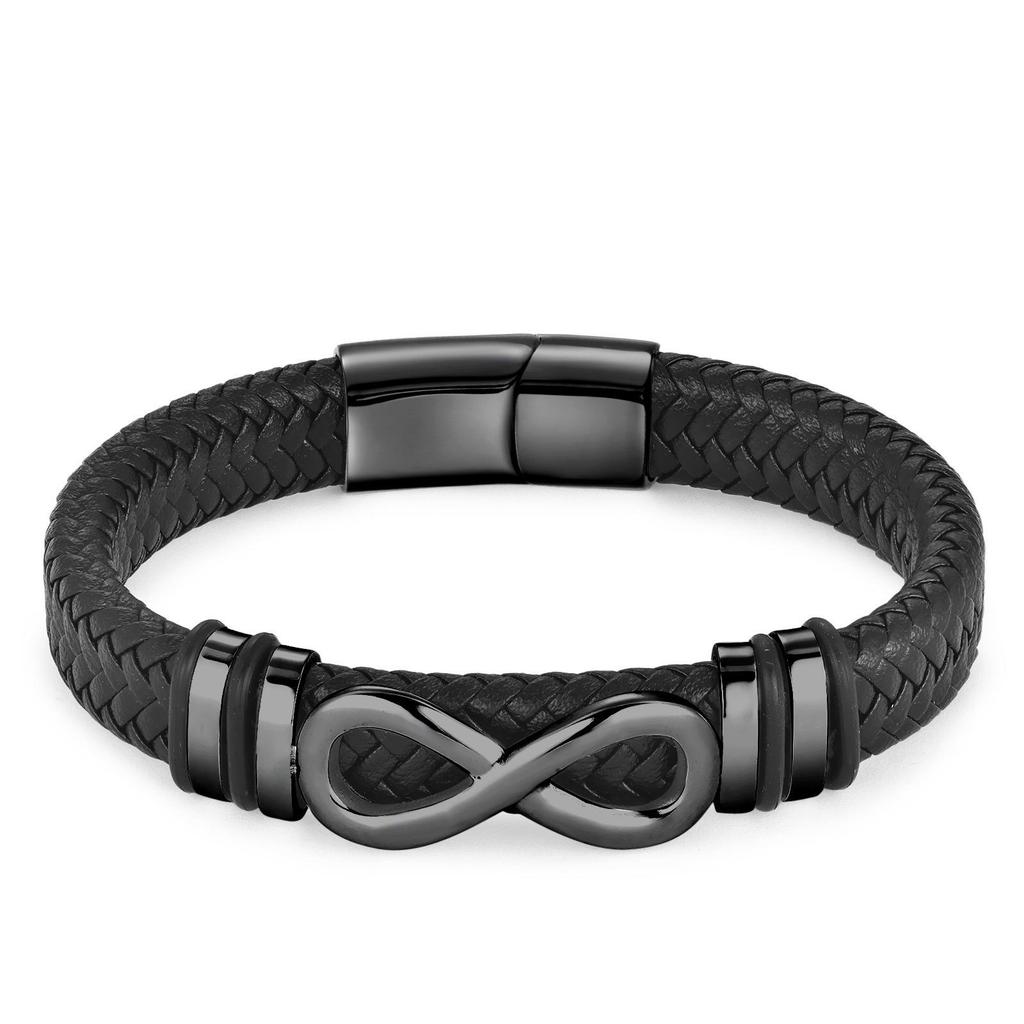 Schwarzes Lederseil-Armband mit 8 Unendlichkeitszeichen für Männer, modisches handgewebtes Armband, Edelstahlverschluss, verstellbares Lederband