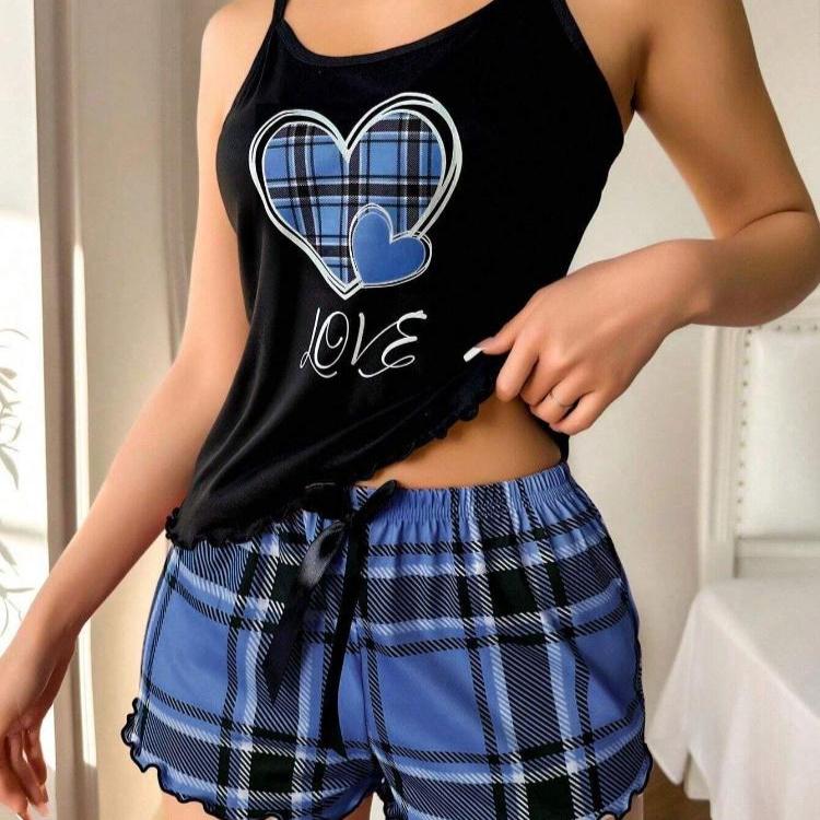 Damski piżamowy komplet z krótkim rękawem i szortami w serca i kratę