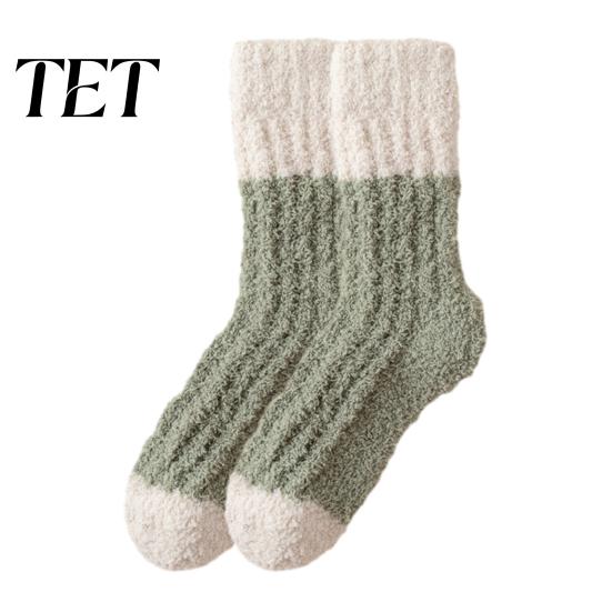 Heat Retaining Lounge Socks Thickened Long Plush for Women, Warm Coral Fleece Socks, Winter Home Foot Warmers Thermal Sleep Anti-static Contrast Color