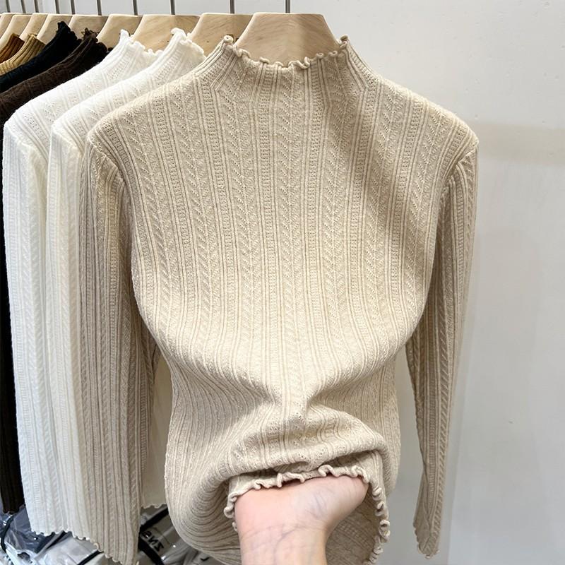 Wood-ear Edge Knitted Shirt Half Turtleneck Bottom Shirt Women in Autumn and Winter with Bottom Sweater Women's New Top