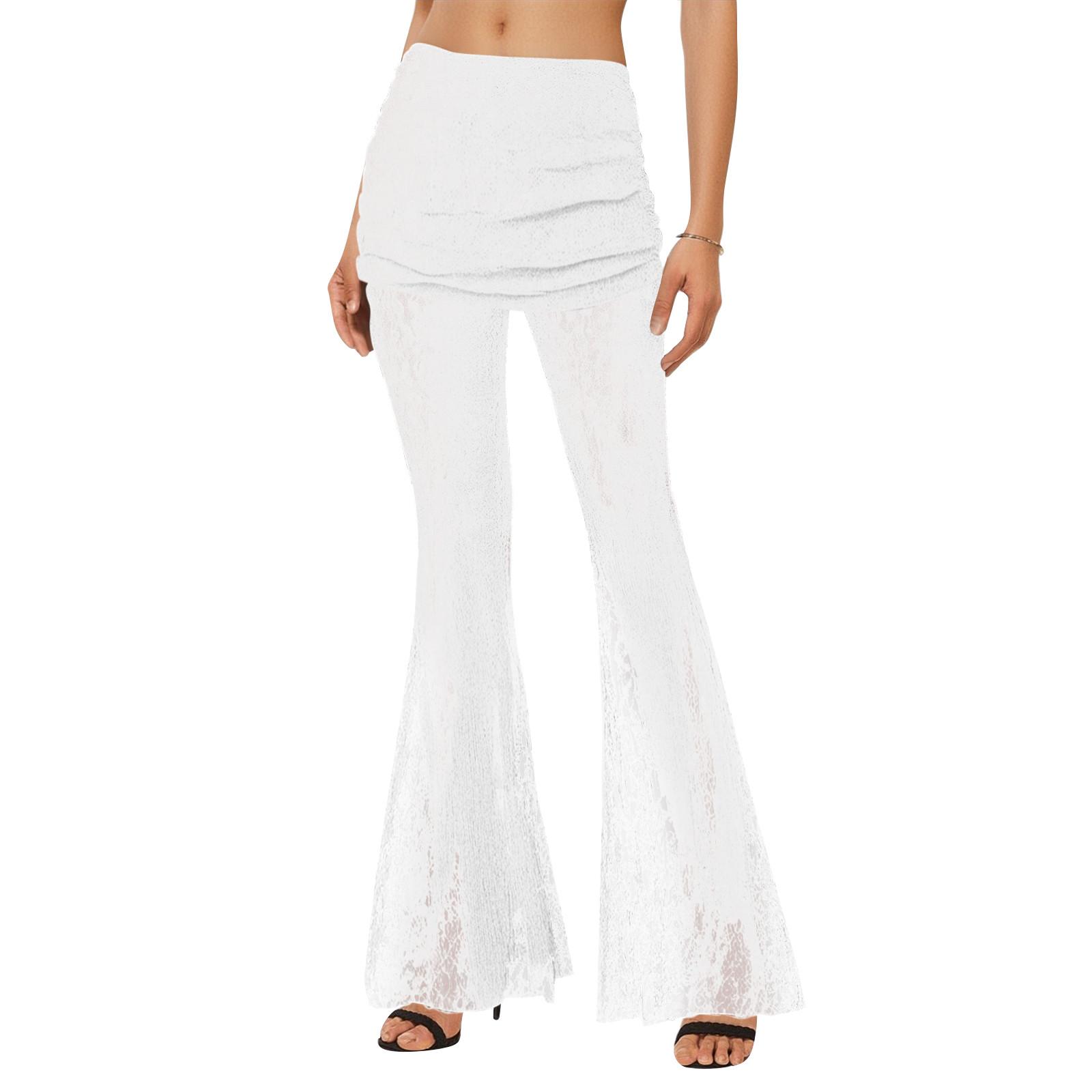 

Хэллоуин Женские Брюки Клеш из Прозрачной Сетки с Цветочным Кружевом, Эластичные с Завышенной Талией, Длинные S белый