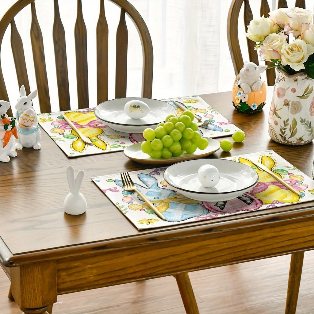 Bunny Rabbits Eggs Easter Placemats Floral Bow Seasonal Spring Holiday Table Mats for Party Kitchen Dining Decoration30X45cm