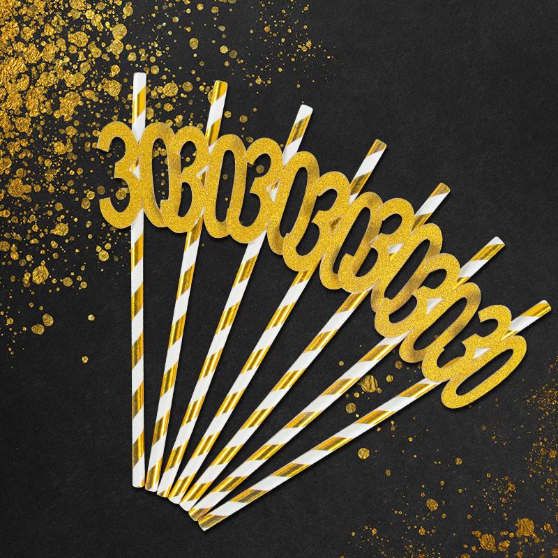 10/20pcs Glitter 30 40 50 60 Adult Birthday Gold Striped Paper Straws Happy 30th 40th Birthday party decoration Drinking Straw