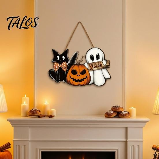 Halloween Party Favors Wooden Welcome Door Sign, Vintage Black Cat Jack-o-lantern Ghost Hanging Front Wall Showcase Decorations Decoration,