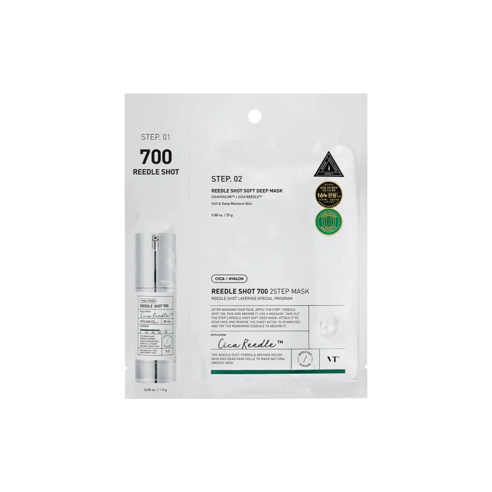 VT Cosmetics Reedle Shot 700 2-Stufen-Maske 5 Blätter 1,5 g + 25 g Cica Reedle Niacinamid Ceramid Centella Straffende Feuchtigkeitsspendende Gesichtsmaske