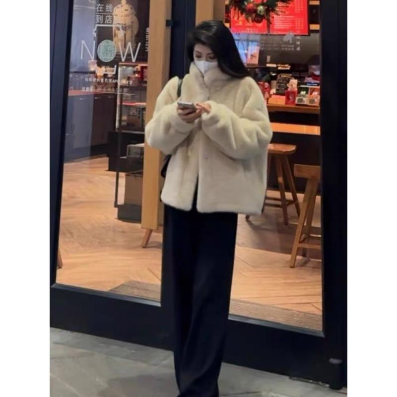 Imitation velvet fur jacket light stand-up collar short coat women's winter fluff jacket padded with cotton