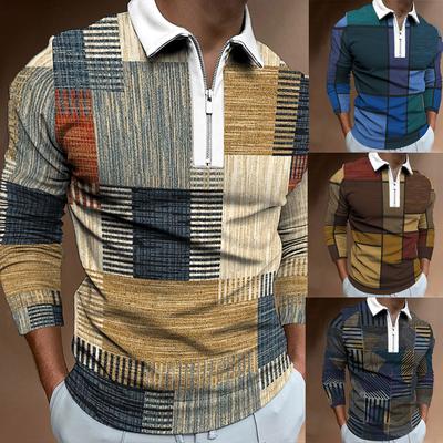 Herren Reißverschluss Freizeit Sweatshirt Slim Herren Karomuster Digitaldruck Langarm Polo Top