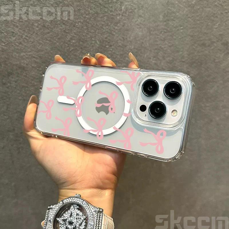 Pink Blue Bow Magsafe Magnetic Case For iPhone 16 15 14 13 12 11 Pro Max X XR XS 7 8 16 Plus Wireless Charging Clear Hard Cover
