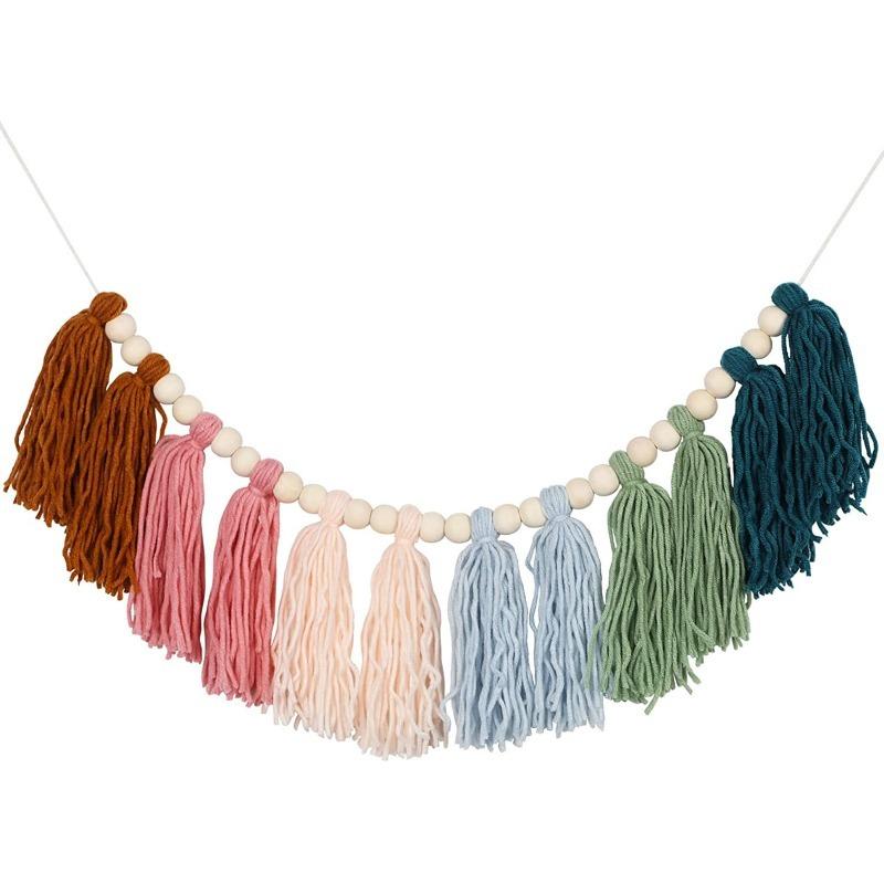 

Ins Nordic Style Wooden Bead Tassel String Hanging Ornament Handmade Woven Wall Decor For Room Home Boho Decoration