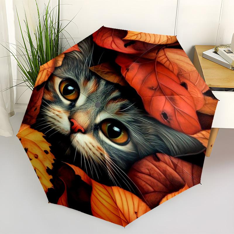 1pc Autumn Leaves Cat Print Automatic Folding Umbrella - Compact 8-Rib Design,Perfect Gift for Friends & Family Yy250926017