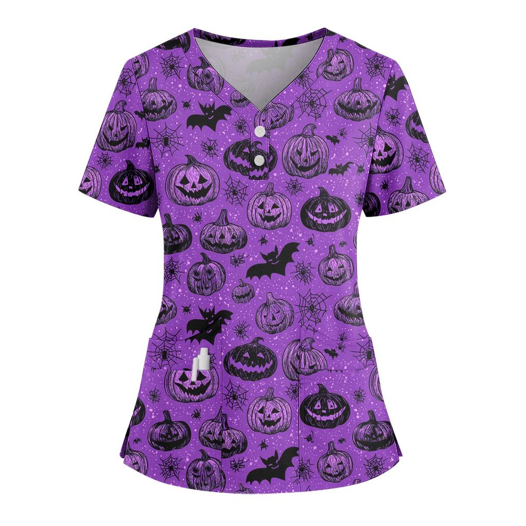 Dámské volné tričko s krátkým rukávem, módním halloweenským potiskem, výstřihem do V, zapínáním na knoflíky a bočním rozparkem