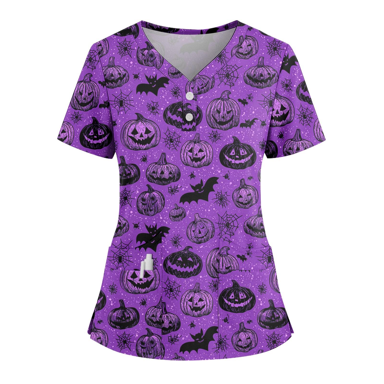 

Women s Loose Short Sleeved Fashionable Halloween Print V-neck Buttonable Side Slit Top T-shirt XXXXL фіолетовий