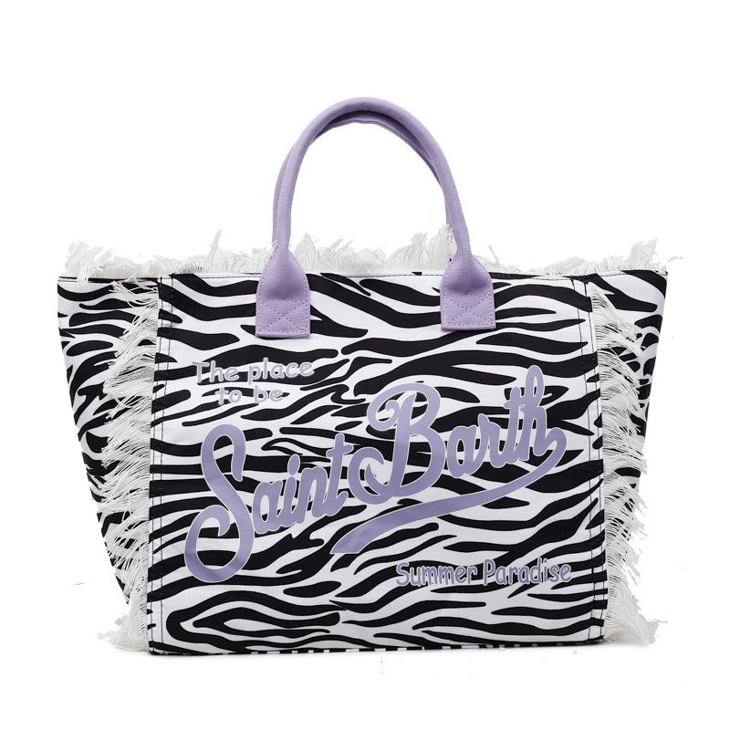 Bolsa de praia de lona com borla feita à mão para mulher, nova bolsa tote estampada, bolsa de ombro de grande capacidade