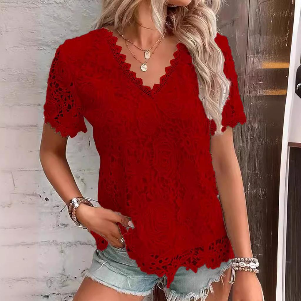 Lace Tee Shirt for Women Vintage Top Solid Color Short Sleeve V Neck Streetwear Ladies Casual Spring Summer Basic Tops