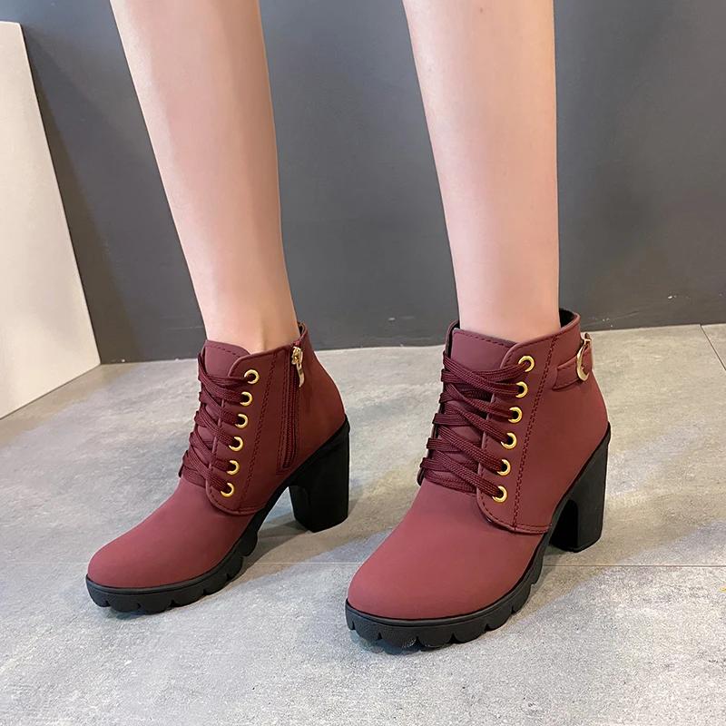 2024 Hot Selling Versatile New Spring and Winter Women's High Heels High Quality Lace Up Women's Shoes Thick Soled Boots
