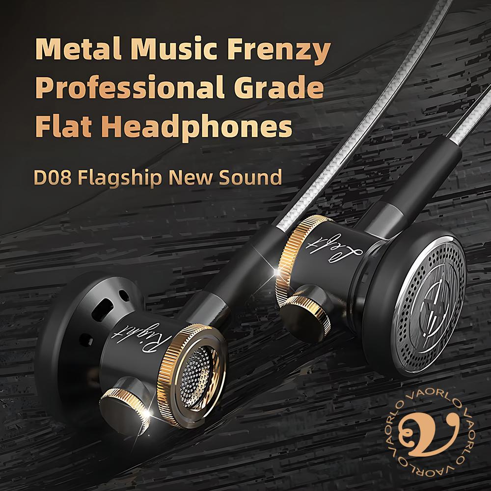 D08 Metal HiFi 3.5mm/Type-C In Ear Wired Earphone Flat Head Headsets With Mic Clear Sound Bass Headphones For Sports Music Gamer