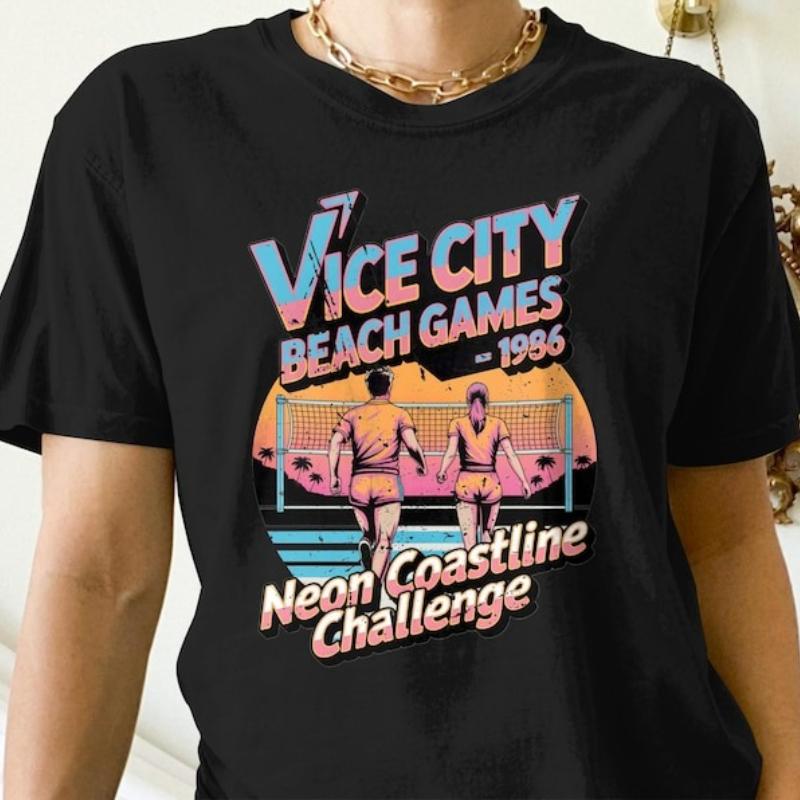 Vice City Games 1986 Neon Coastline Challengeretro Beach Crewneck Casual Tshirt 80s Summer Volleyball Unisex Graphic Tshirt