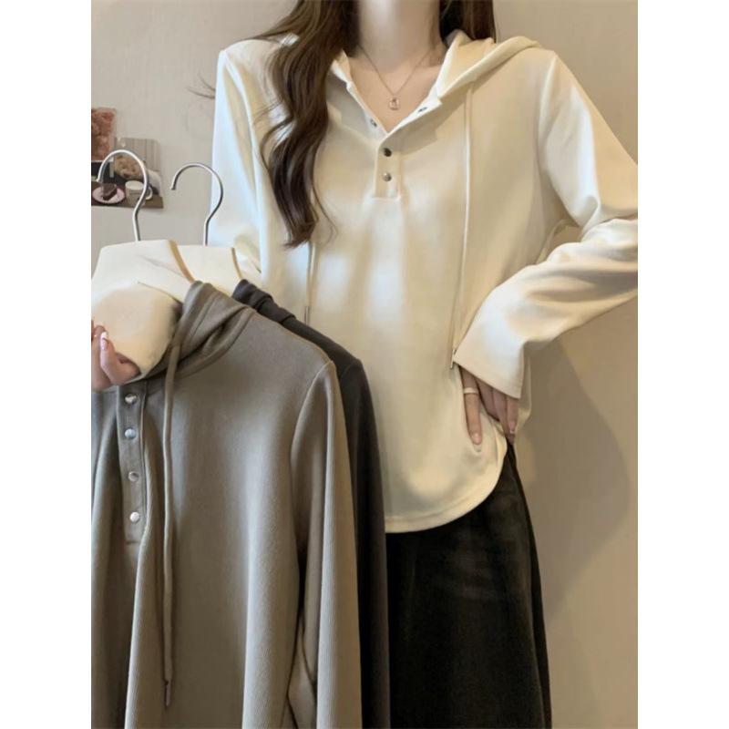 A Full-shoulder Hooded Sweatshirt for Women in Spring and Autumn, with An Irregular Design That Covers The Belly and Makes One Look Slimmer