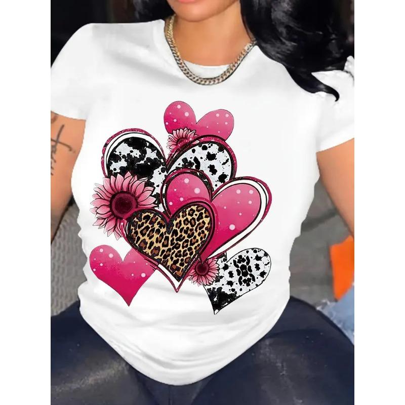 Women's Short Sleeved Valentine's Day Love 3D Printed Simple and Personalized Round Neck T-shirt