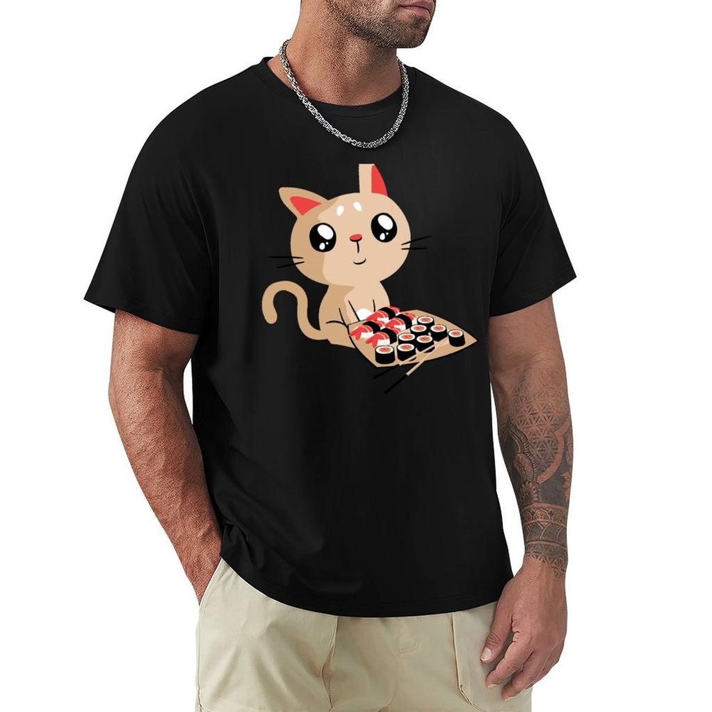 Cute Cat With Sushi Rolls Tshirt Functional Casual Short Sleeve Tee