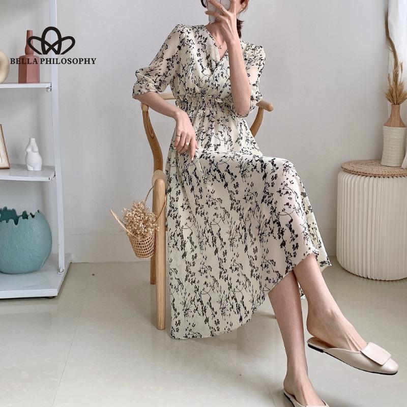 Jaro Léto Nový styl Výstřih do V Šifon se středním rukávem Elegantní dlouhé šaty Žena Neformální plážové šaty