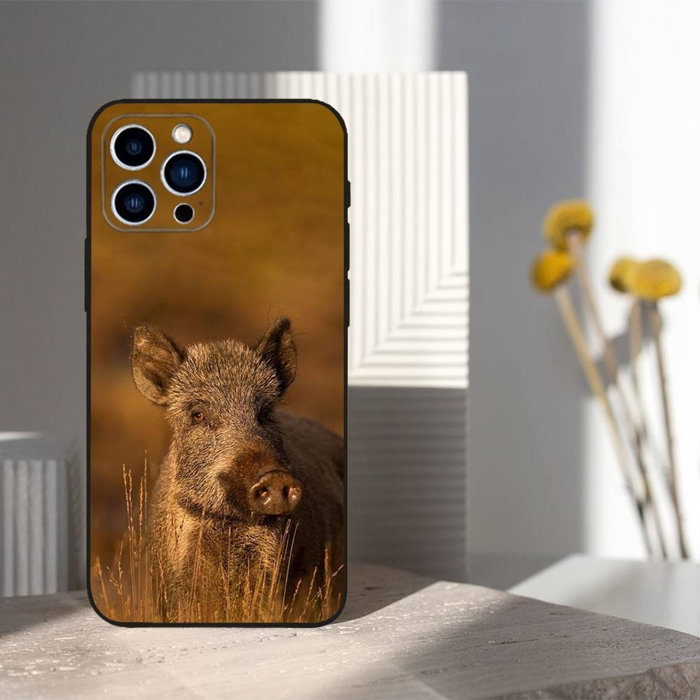 Cute Wild Boar Animal For iPhone 8,7,11,12,15,14,13,16,17,Plus,Pro Max,XS,X,XR,SE,Mini,Soft Silicone Black Case