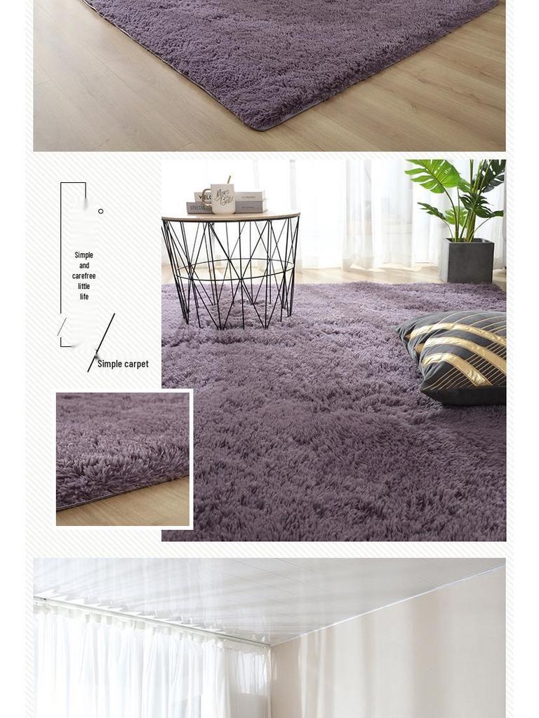 Long Pile Silk Wool Carpet - Full Coverage Bedroom and Living Room Rug, Solid Color