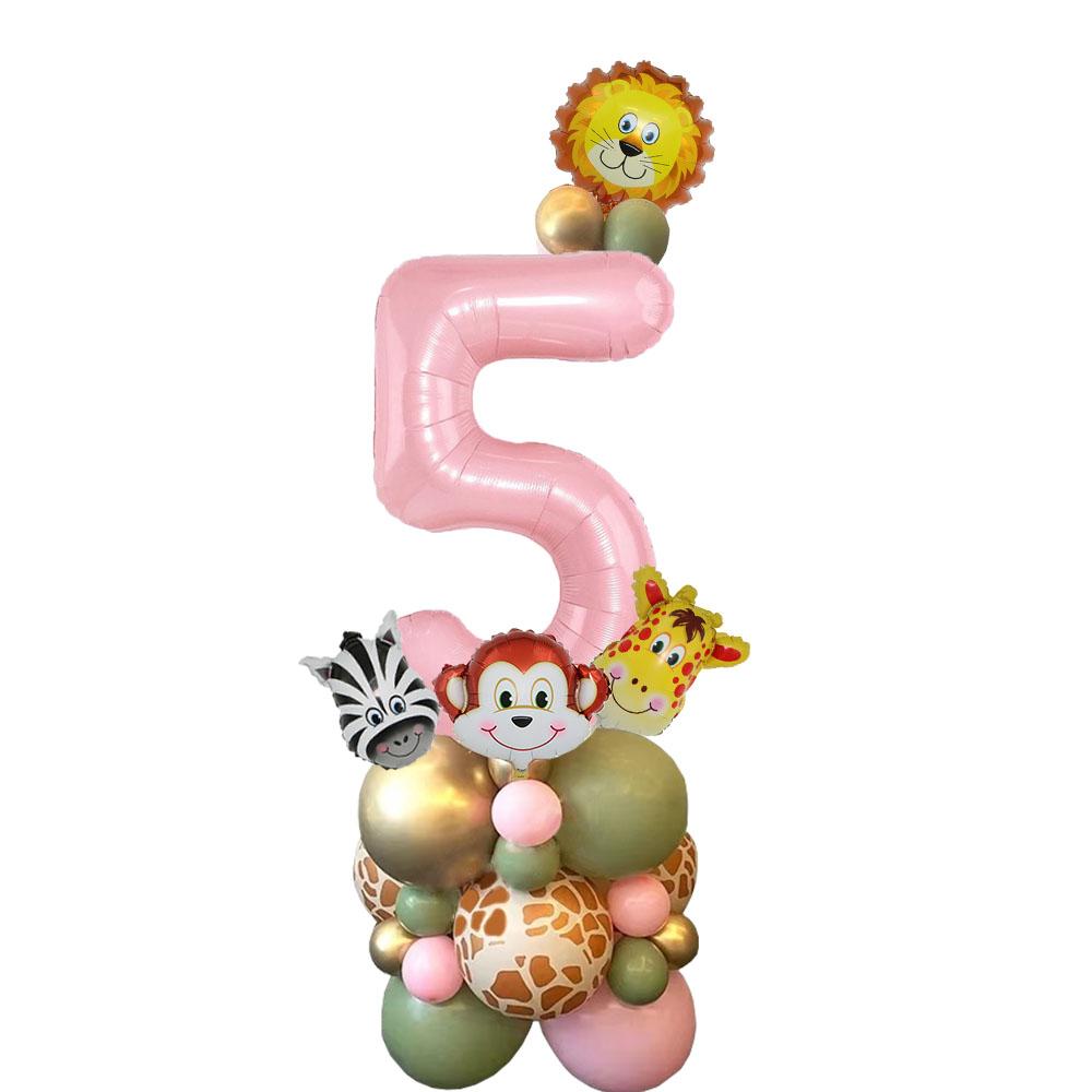 1set Carton Animal Balloon Tower with Pink Number Balloon for Girl's Wild One Themed Jungle Safari Birthday Party Decorations