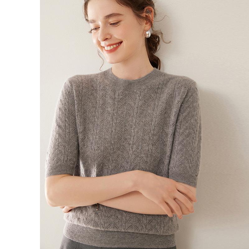 Women's Short Sleeve Round Neck Cashmere Sweater - Thin, Solid Color, Versatile Knit