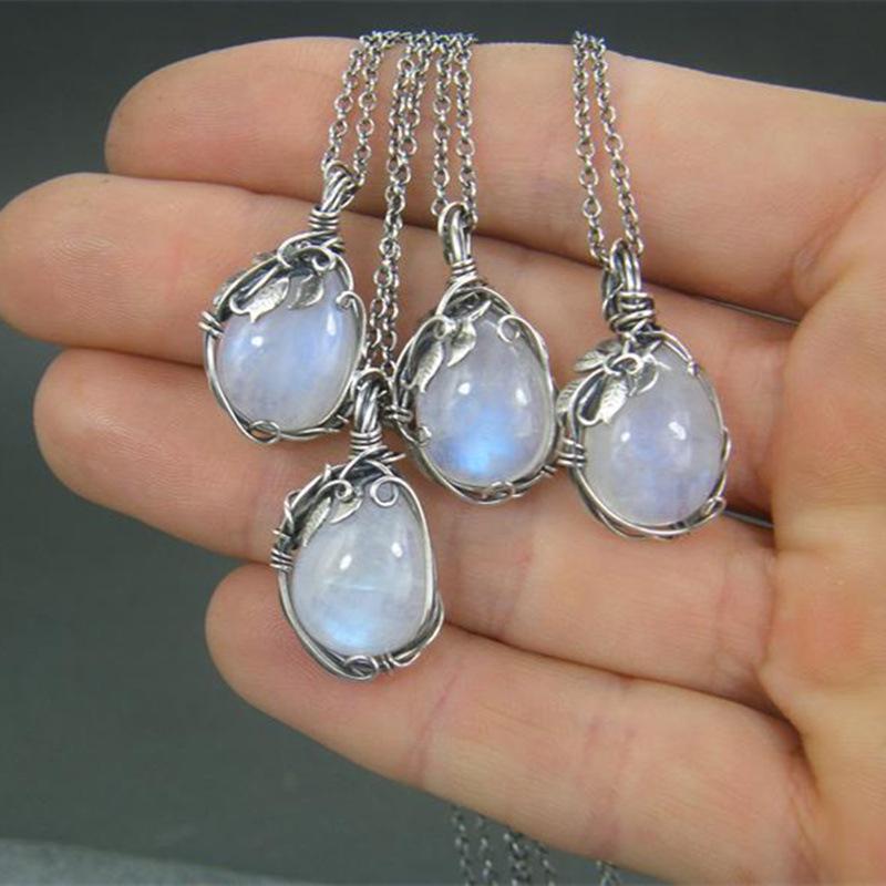 Vintage Bohemian Moonstone Leaf Pendant Necklace for Women