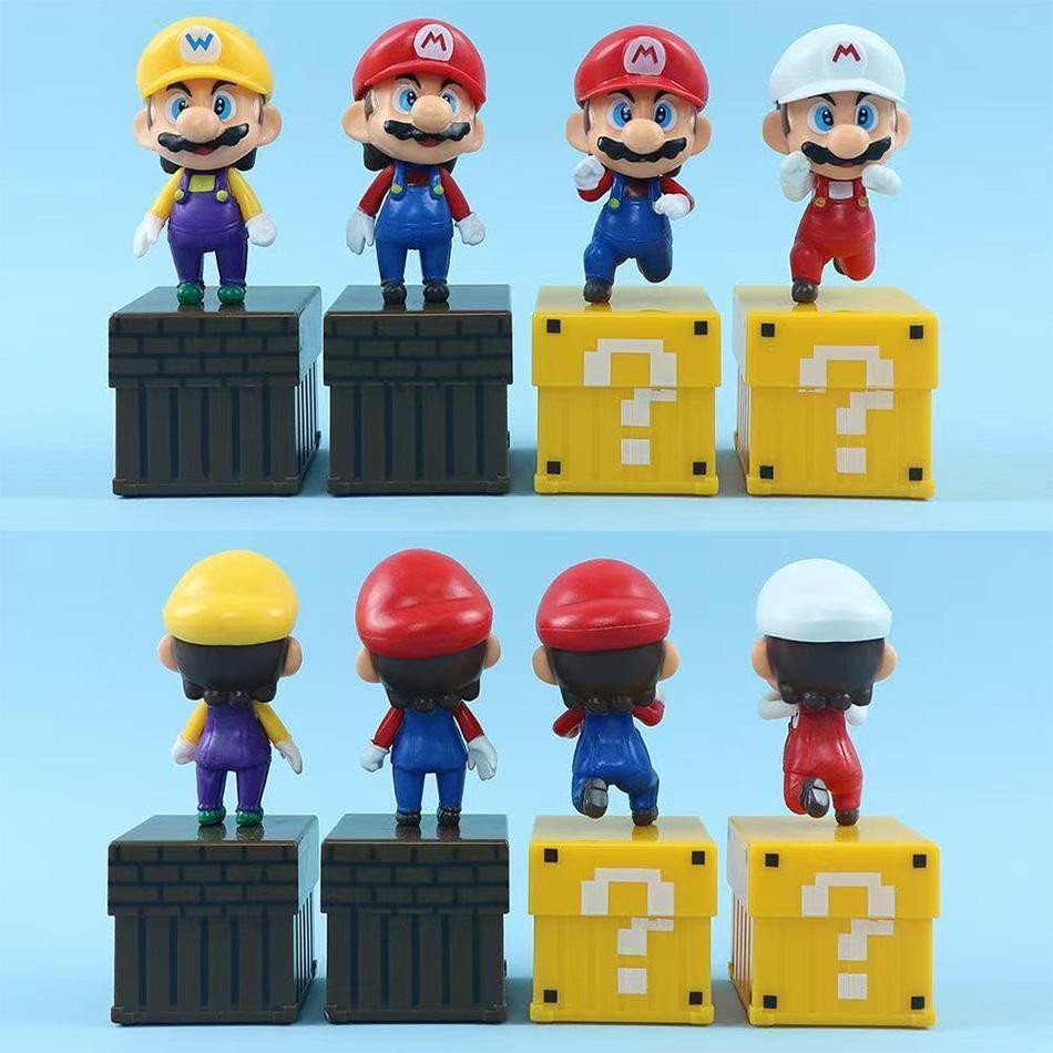4Pcs/Set Super Mario Bros Figure Mario Wario Pvc Action Dolls With Question Block Bricks For Kids Fans Gift