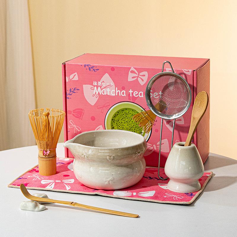 8pcs Authentic Japanese Tea Ceremony Set - Pink Ceramic Matcha Bowl with Whisk Stand