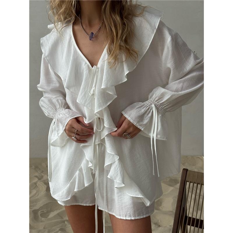 European And American Style Ruffle Hem Casual Set Spring Summer Women's Tie Cardigan Top And Shorts Design