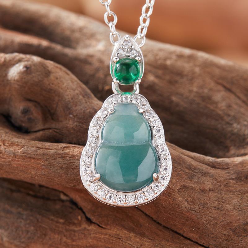 Natural Jadeite Gourd Pendant Necklace Women'S S925 Sterling Silver Inlaid With Colorful Treasure Xiaohongshu Earrings