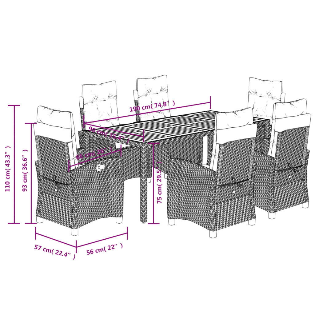 7 Piece Garden Dining Set with Cushions Gray Poly Rattan