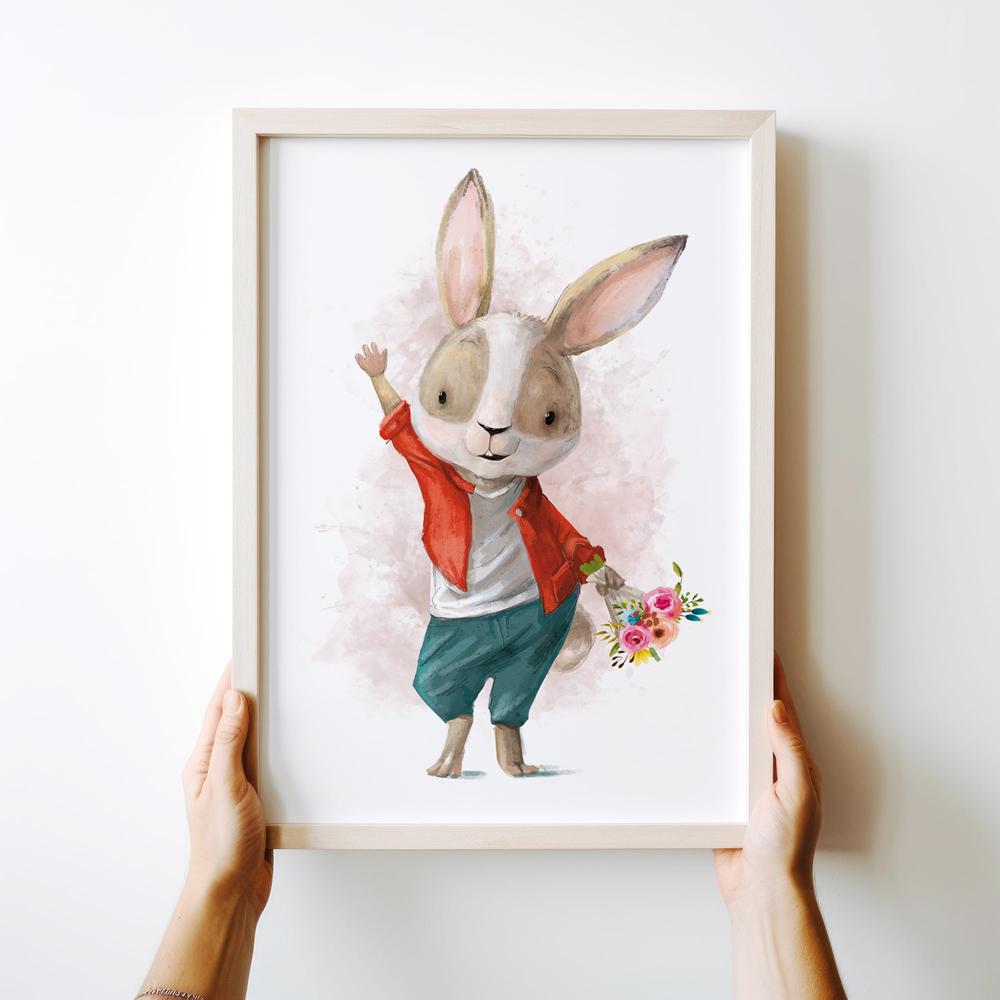 Plakat zając z bukietem kwiatów