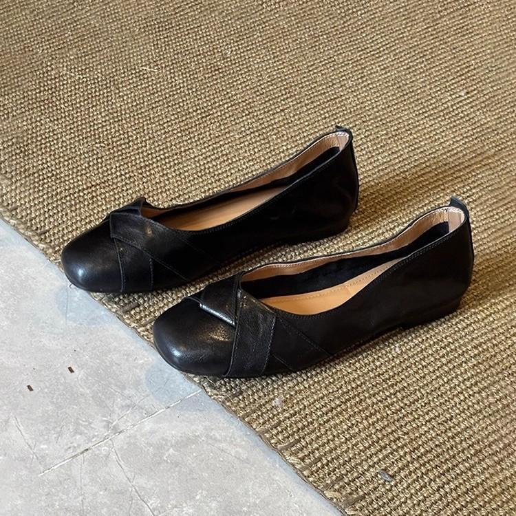 

Sheepskin version~ -Handmade leather design sense woven shallow mouth single shoes women s round head simple temperament soft sole ballet shoes 40 чорний