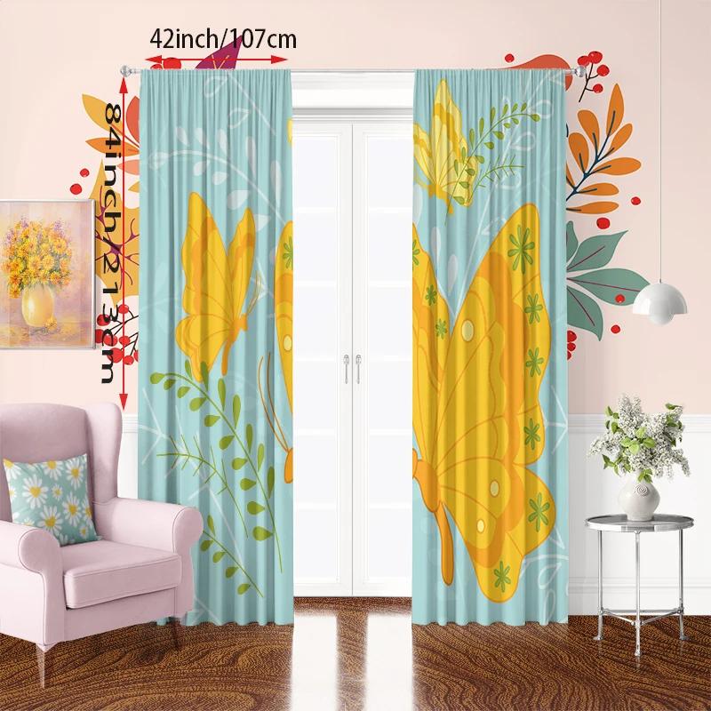 2PCS-Gold Butterfly - Printed Curtain - Polyester Material - Suitable for Bedrooms   Living Rooms   Study Rooms   Private Spaces