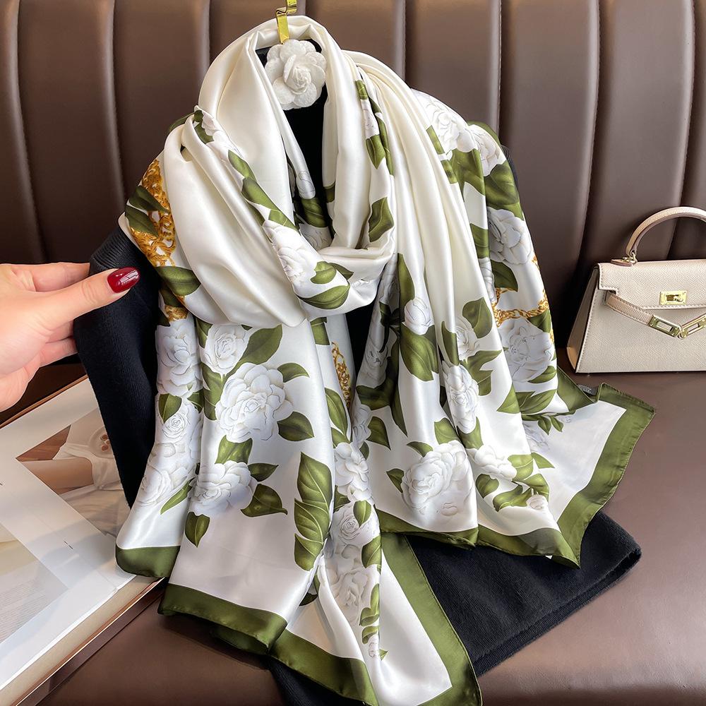 New silk scarf new silk satin printed shawl holiday fashion sunscreen long section simulation silk scarf