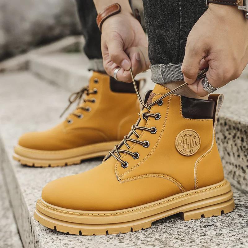 Herren Retro Britische High-Top Martin Arbeitsstiefel mit dicker Sohle - Rutschfest Wüstengelb.