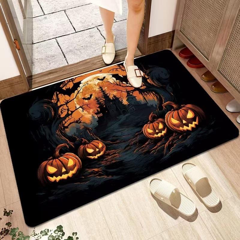Halloween Theme Door Mat With Spooky Pumpkin Bat Haunted House Patterns Soft Decorative Entryway Rug For Home Indoor