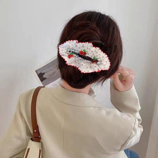 Hair Pin Strong Clamping Force Transparent Mesh Lace Clip with Cherry Decoration Half-Tied Hair Buns Side Hair Accessory